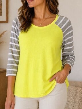 Gap Yellow Gray Striped Raglan Sleeve Top Medium Casual Colorblock Tee